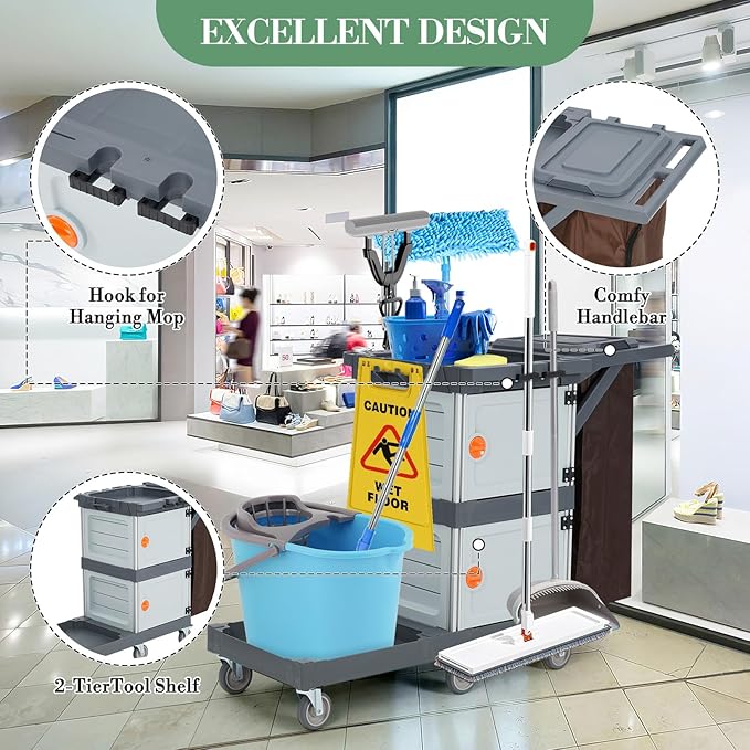 Janitorial Cart with 2 Cabinet, Commercial Cleaning Cart On Wheels with Cover, Shelves, and Oxford Bag, Housekeeping Cleaning Caddy Service Carts for School Hotel Apartment