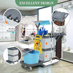 Janitorial Cart with 2 Cabinet, Commercial Cleaning Cart On Wheels with Cover, Shelves, and Oxford Bag, Housekeeping Cleaning Caddy Service Carts for School Hotel Apartment