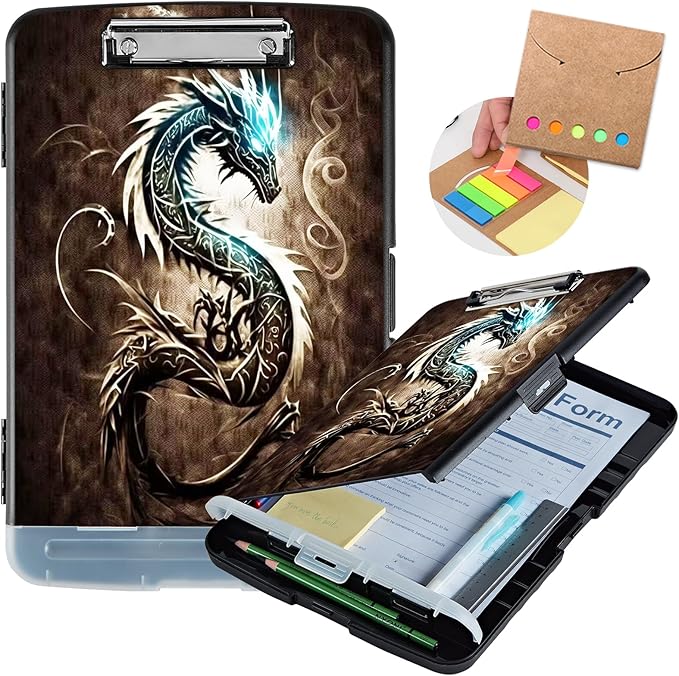 Clipboard with Storage,Heavy Duty Plastic Storage Clipboard with Low Profile Clip,Teacher Must Haves,Office Supplies,Dragon