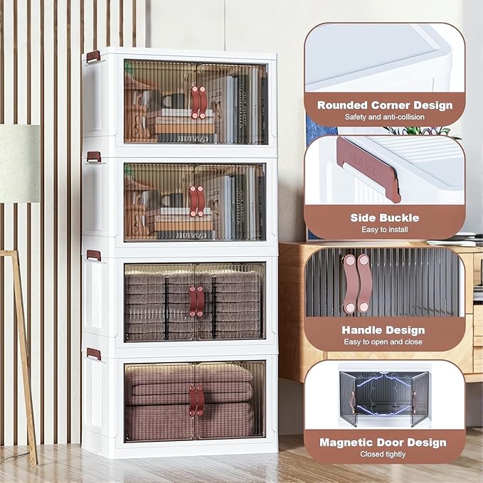 4 Tier Plastic Stackable Storage Bins and Boxes Organizer, Foldable Containers, Stackable Closet Organizers, Collapsible Boxes, White (3 Tier, 23.6″)
