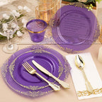 175PCS Clear Purple Plastic Plates for 25 Guests, Disposable Plates with Gold Trim include 25 Dinner Plates, 25 Dessert Plates, 75 Gold Silverware, 25 Cups, 25 Napkins for Party, Wedding