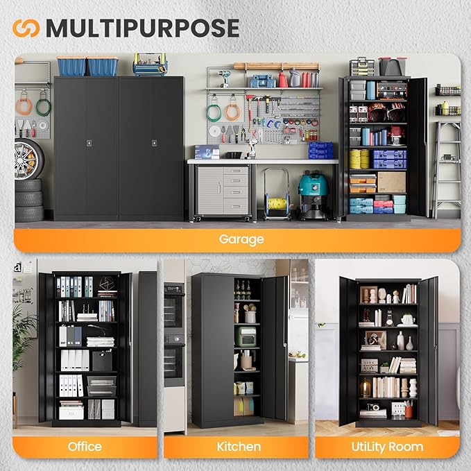 Metal Garage Storage Cabinets with Lock, 71" Tall Tool Cabinet with 2 Door and 5 Adjustable Shelves, Locking Garage Cabinets and Lockable Steel Locker for Home Office Warehouse - (Black-71”H)
