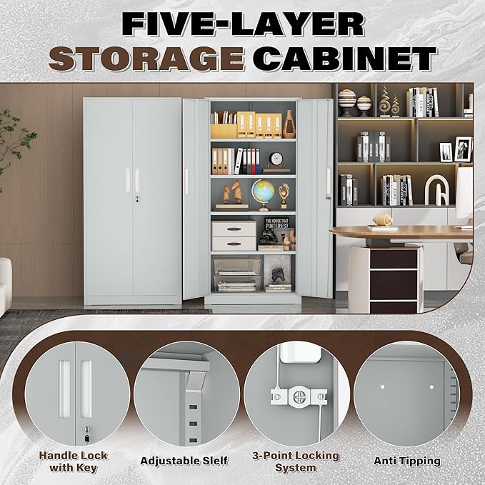 Incbruce 72” Metal Storage Cabinet, Locking Steel Storage Cabinets with 2 Doors and 4 Adjustable Shelves, Tall Lockable Tool Storages for Garage, Home, Office (Grey)