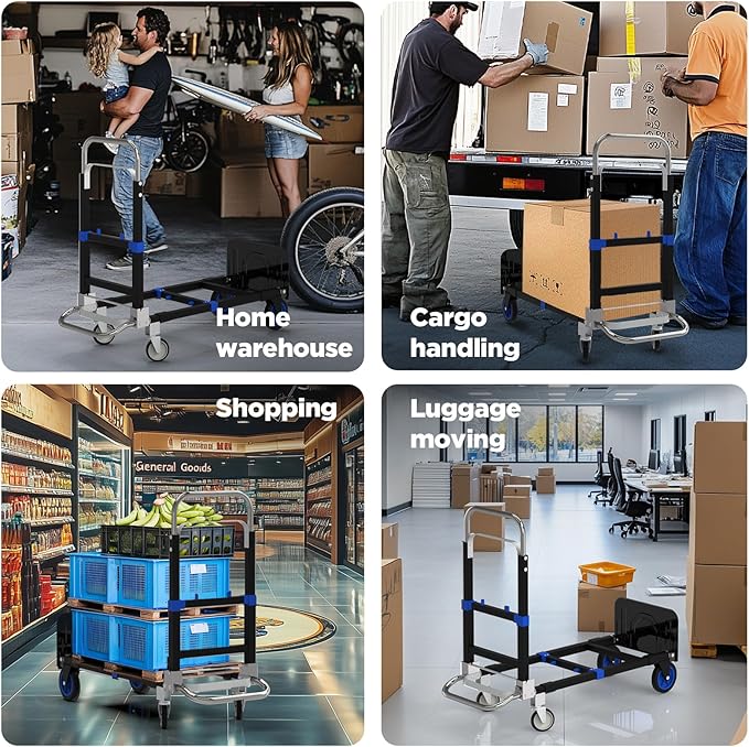 3 in 1 Convertible Hand Truck Dolly Cart with Wheels Collapsible/Folding handtruck Dolly / 2 Straps/Adjustable Height/for Luggages/Cartons/Warehouse/Supermarket/Office / 500 Lbs Load
