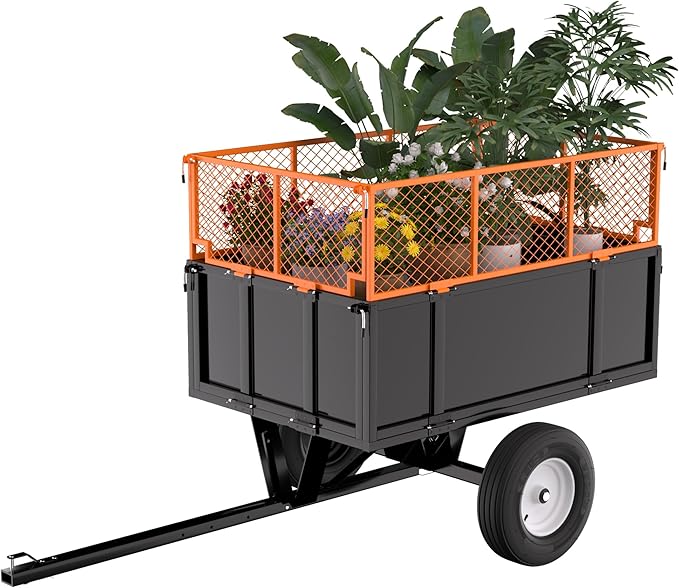 Heavy Duty ATV Dump Cart - Steel Tow Behind Trailer, Garden Cart Trailer, 17 Cu.Ft Capacity & 750 Lbs Steel Dump Trailers, with Foldable Mesh Fence, Yard Garden Trailers for Lawn Mower Tractor