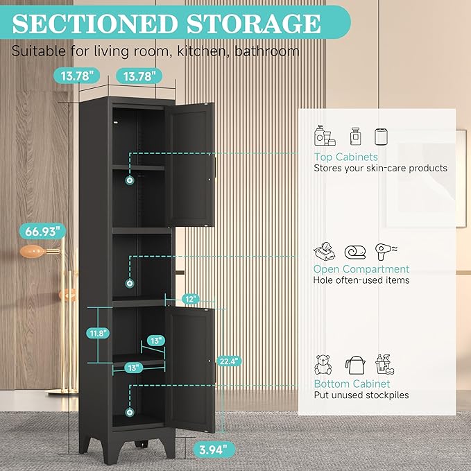 Tall Bathroom Storage Cabinet,Metal Slim Narrow Bathroom Organizer with Open Shelves and Adjustable Shelving,Ideal for Small Spaces,Living Rooms, Entryways, Kitchens - Assembly Required (Black)