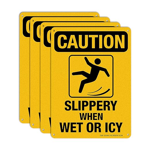 Slippery When Wet Or ICY Sign, Caution Sign, 4 Pack, 10" x 7" Rust Free .040 Aluminum, UV Protected, Waterproof, Weatherproof and Fade Resistant, 4 Pre-drilled Holes