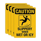 Slippery When Wet Or ICY Sign, Caution Sign, 4 Pack, 10" x 7" Rust Free .040 Aluminum, UV Protected, Waterproof, Weatherproof and Fade Resistant, 4 Pre-drilled Holes