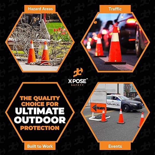 Xpose Safety 28 Inch Orange Traffic Cones with 6" Collar - 48 Pack Multipurpose PVC Plastic Safety Cone for Parking, Soccer, Caution, Kids and Construction - DOT Approved