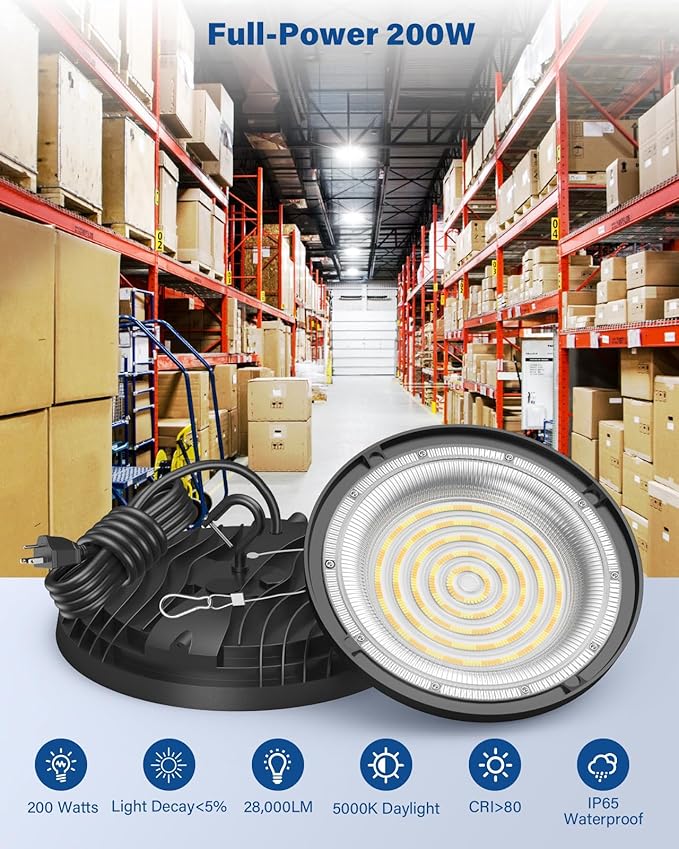 200W UFO LED High Bay Light, 28,000LM LED Shop Lights Fixture, 5000K, Replace 600W Halogen, 120VAC, Plug & Play Lighting for Warehouses, Workshops, Garages, and Barns – ETL Listed, 6 Pack