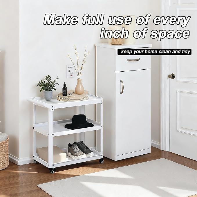 3 Tier Metal Utility Rolling Cart with Wheels, Heavy Duty Storage Organizer Trolley Cart for Kitchen, Bathroom, Office, Bedroom – Multi-Purpose 330Lbs Capacity Utility Cart on Wheels, White