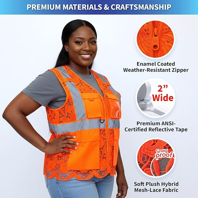 Lace-Mesh Safety Vest for Women & Men - Breathable, High Visibility Vest with Zipper & ANSI Class 2 Reflective Strips