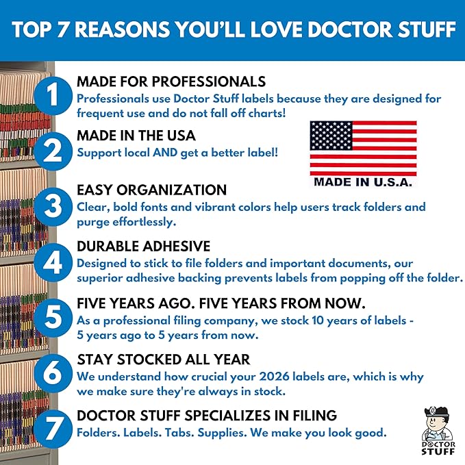 2026 Year Labels, Doctor Stuff 2026 Chart Stickers, Holographic Orange Colored, USA Made Year Label for End Tab File Folders, 500 Labels per Roll, 1 Roll, 3/4" x 1-1/2"