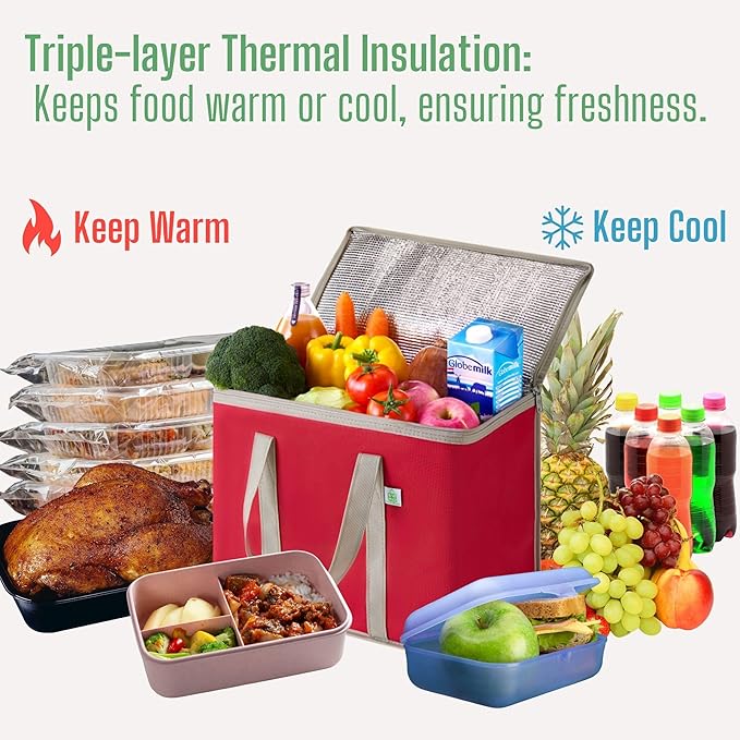 VENO 3 Pack Cooler Bag and Insulated Grocery Bags for Food Delivery, Collapsible Cooler, Reusable Shopping Bags for Groceries with Zipper, Foldable, Heavy-Duty, Stands Upright (Red, 3 Pack)