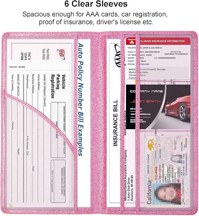 Car Registration and Insurance Holder, Leather Magnetic Shut Vehicle Glove Box Organizer for Document, Card, Driver License, Glitter Pink