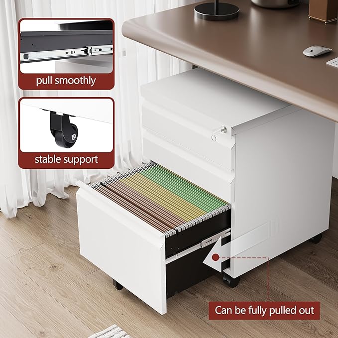 3 Drawer File Cabinet，Mobile Filing Cabinet with Lock and Wheels，Un-Assembled Metal Under Desk File Cabinets for A4/Letter/Legal Size（White