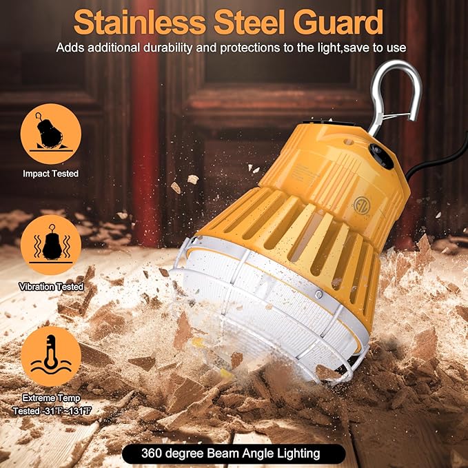 LED Temporary Work Light 80W/64W/48W, 10400LM Outdoor Construction Lights Job Site Lighting 5700K/5000K/4500K, 10ft Cord Hanging Lighting for Workshop Construction Garage, AC100-277V