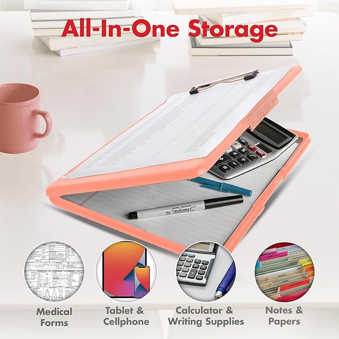 Dexas Slimcase 2 Plastic Clipboard with Storage and Side Opening, Blush Pink with Rose Gold Clip, Office Supplies Clipboards to Organize, Carry and Store, A4 Holder, Nursing Clipboards
