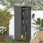 GREATMEET 72.8" Outdoor Broom Storage Cabinet, Metal Storage Cabinets for Cleaning Supplies with Slanted Roof, Utility Closet, Waterproof Outdoor Shed for Broom Mop, Grey