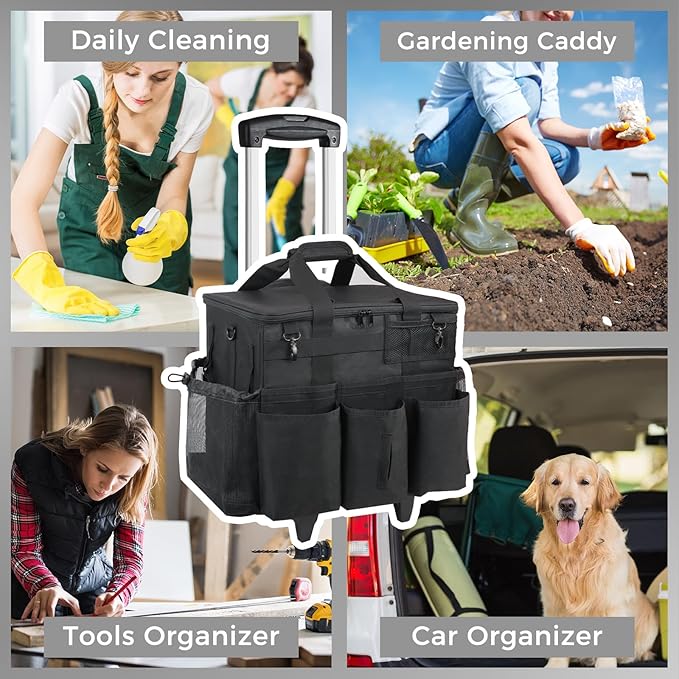 Rolling Cleaning Caddy Bag with Detachable Trolley, Large Cleaning Supplies Organizer with Wheels, Multi Pocket Cleaning Cart with Adjustable Shoulder Strap for Housekeepers & Home Use, Black