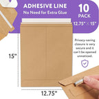 Natural Kraft Rigid Mailers, 12.75 x 15 Inches. Pack of 10 Paperboard Envelopes. Sturdy Stay Flat Mailers with Self-Seal Closure. Recyclable Hard Envelopes for Mailing. Stayflat Mailer