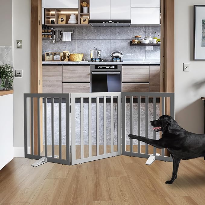 ZJSF Freestanding Indoor Dog Gate for House Foldable Wood Puppy Gate for Doorways Pet Gate for Stairs Extra Wide Pet Fence, Grey, 24" Height 3 Panels