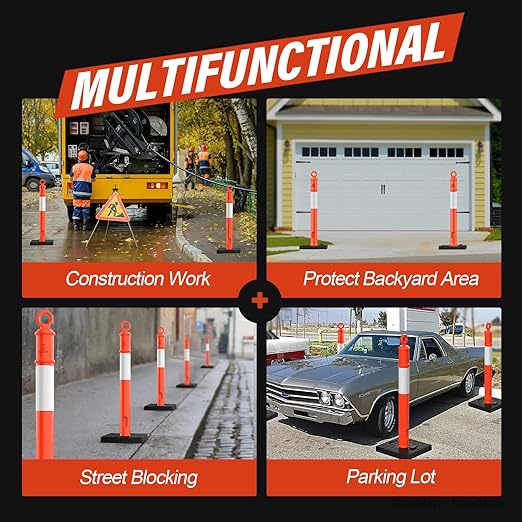 RoadHero 45 Inch Delineator Post with Base, Portable Orange Traffic Delineator Posts Cones with Reflective Collars for Parking Lots, Road Safety, Construction Events 3 Pack