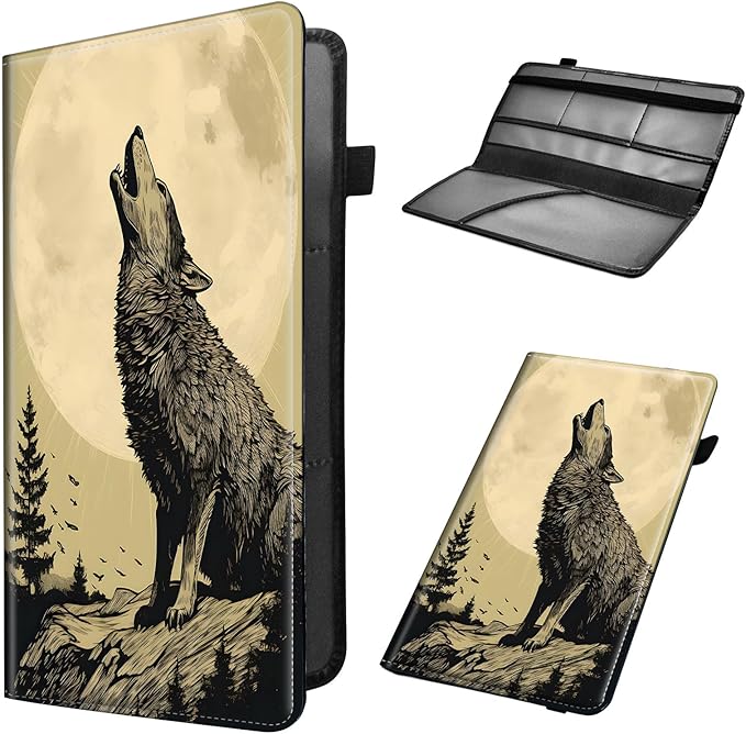 Car Registration and Insurance Holder, Leather Car Glove Box Organizer, Cool Car Accessories for ID, Driver's License Cards & Essential Document,business cards,Men&Women,Howling Wolfs and Moon