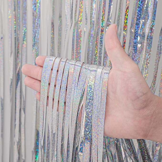 3 Pack 3.3x8.2 Feet Laser Silver Foil Fringe Backdrop Curtains, Tinsel Streamers Birthday Party Decorations, Fringe Backdrop for Graduation, Baby Shower, Gender Reveal, Disco Party