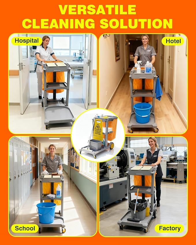PYY Cleaning Carts On Wheels - Janitorial Cart w/ 3-Shelf & 2 Bins, Smooth Swivel Caster, 65L Collection Bag, 300LBS Load Capacity, Sturdy Cleaning Cart for Housekeeping, Janatorial Cleaning (Gray)