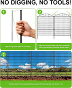 10 Panels Black Metal No Dig Garden Fence, 33in H x 24ft L Temporary Animal Barrier for Dogs & Rabbits, Reusable Outdoor Yard Fencing with Lock