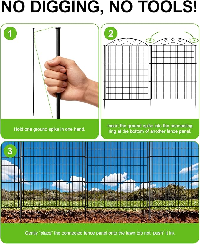 40in Tall 10-Panel Metal Garden Fence with Gate, No Dig Temporary Yard Fencing, Reusable Animal Barrier for Large Dogs & Garden Protection, Black(with Lock)