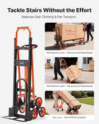 VEVOR 3 in 1 Industrial Convertible Stair Climbing Cart, 770 lbs Max Load, Folding Hand Truck Dolly with Handle & Wheels, Stair Climbing Utility Trolley for Transport & Moving, Orange & Silver
