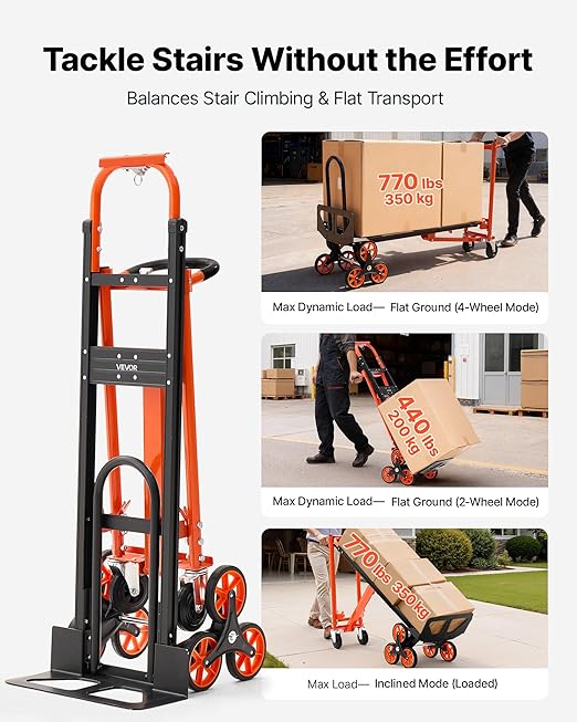 VEVOR 3 in 1 Industrial Convertible Stair Climbing Cart, 770 lbs Max Load, Folding Hand Truck Dolly with Handle & Wheels, Stair Climbing Utility Trolley for Transport & Moving, Orange & Silver