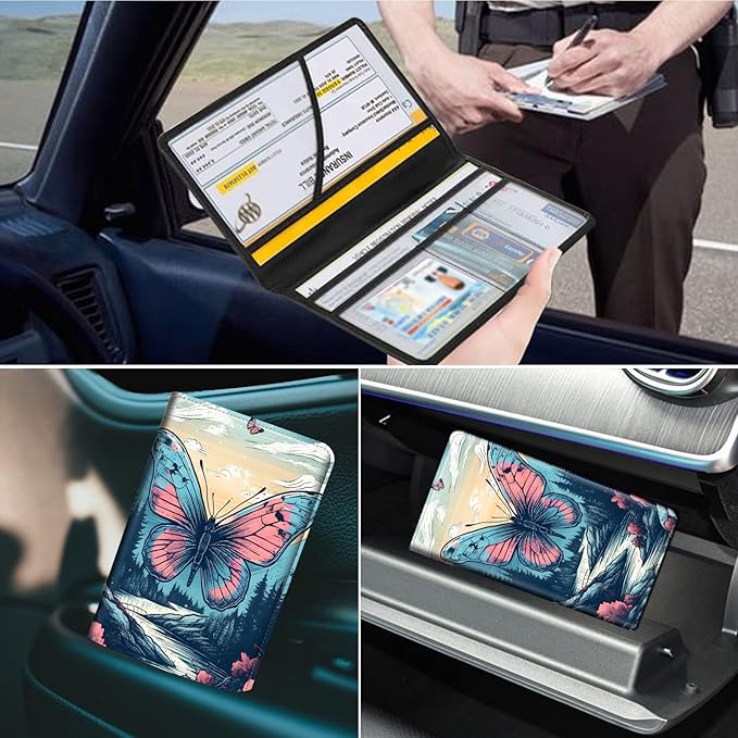 Car Registration and Insurance Holder, Leather Car Glove Box Organizer, Cool Car Accessories for ID, Driver's License Cards & Essential Document,business cards,Men&Women,Colorful Butterflys