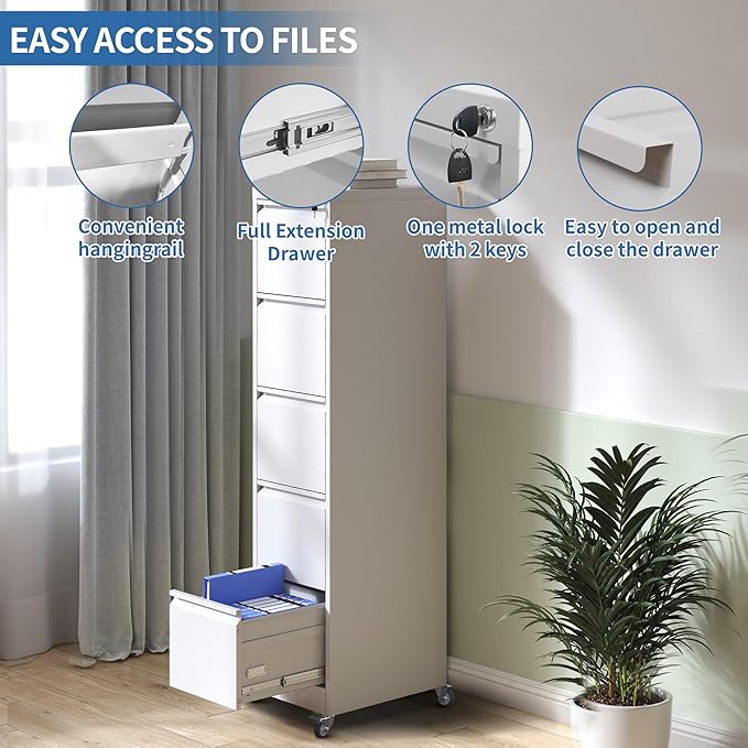 5 Drawer Mobile File Cabinet, Metal Filing Cabinet with Lock and Wheels, Home Office Rolling File Cabinets for Legal/Letter Hanging File Folders, Un-Assembled (White)