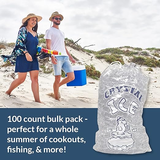 Pinnacle Mercantile 20 lb. Drawstring Ice Bags (100-Count) Heavy-Duty, Puncture-Resistant EVA | Cotton Pull Closure | Disposable, Recyclable | Portable Storage and Freezer Keeper