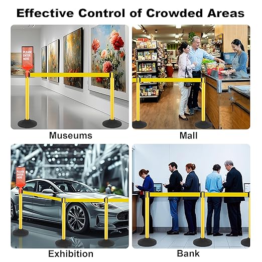 6 Pack Yellow Stanchions with Retractable Belts - Crowd Control Barriers, Heavy Duty Weighted Base for Events, Retail, Queue Lines