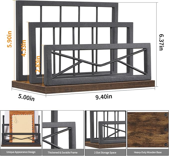 Snughome Desktop Mail Organizer, Desk Mail Organizer with 2-Slot Matte Black Metal Desktop Mail Sorter, Metal Storage File Holder Letter Sorter Organizer for Home or Office, Rustic Brown