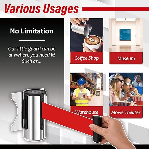 DuraSteel Wall Mount Retractable Belt Barrier - 9.2 Ft Red Belt in Sturdy Stainless Steel Case - Guardian 1.0 Indoor & Outdoor Do Not Cross Caution Tape for Crowd Control Queue Barrier, Line Divider