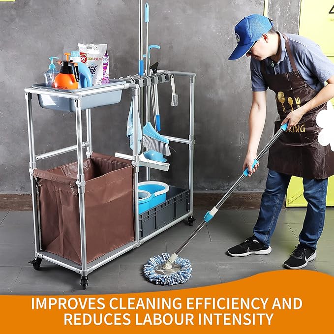 Janitorial cart Rolling Cleaning cart on Wheels for Cleaning Supplies Housekeeping Station Broom and mop Organizer