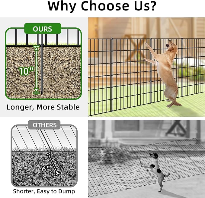 Metal Garden Fence 40in (H) x 18.7ft (L), 8 Panels + 9 Stakes Dog Fence Border Fence Animal Barrier, No Dig Garden Fencing for Yard Flower Bed Lawn Patio Outdoor, PIN402808 Black