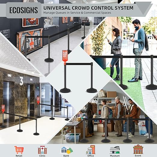 ECOSlGNS 6 Pack Commercial-Grade Stanchions with Retractable Belts - Black Stanchion Posts Set Crowd Control Barriers 10ft Line Dividers with Weighted Rubber Base & Sign Holders for Queue Management
