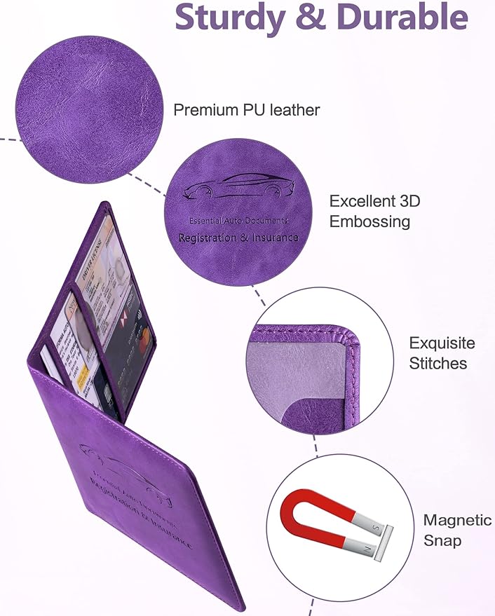 Mymazn Car Registration and Insurance Card Holder, PU Leather Insurance and Registration Holder with Magnetic Closure, Car Document Holder For Driver's License & Essential Documents, Purple