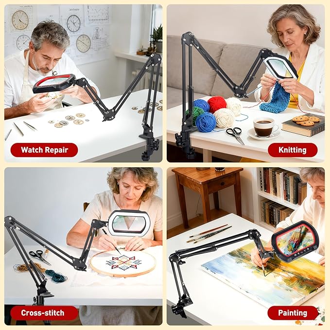 12X Large Desk Magnifying Glass with Light, Extra-Long Arm Rectangular Magnifying Lamp with 4-Way Clamp, 5 Color Dimmable LED Lighted Magnifier for Crafts Soldering Workbench Reading Sewing