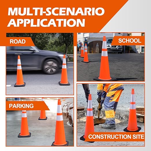 8 Pack 36 Inch Orange Reflective Traffic Cones, Large Black Base Safety Cones for Highway Construction, Crowd Control and Night Visibility (8, Orange, 36 Inch)
