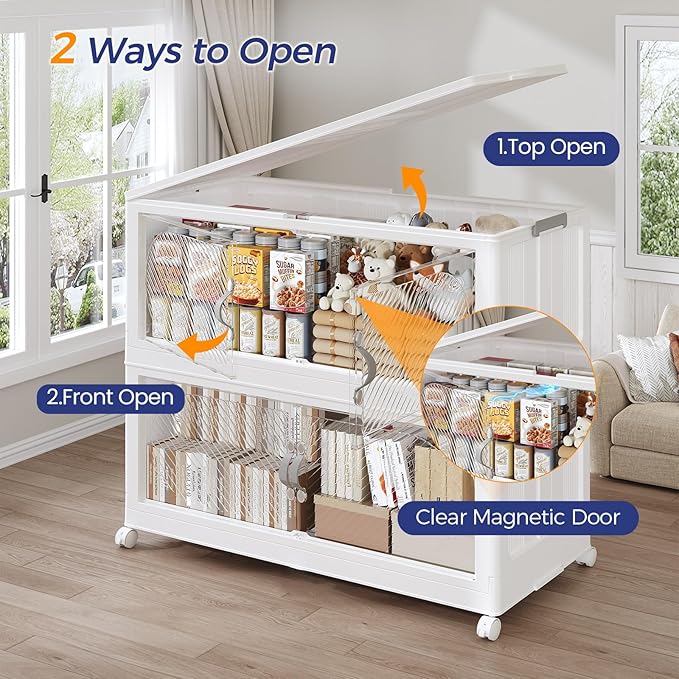 600QT Plastic Stackable Storage Bins with Lid, 150GAL Extra Large Collapsible Box with Wheels Clear Door, Foldable Closet Organizer Container Cabinet Drawer for Home Kitchen，5Pack, White