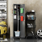 Aobabo Metal Broom Closet Storage Cabinet with Wheels, 72'' Tall Steel Cleaning Tools Garage Cabinet with Pegboards and Hooks,Assembly Required,Black
