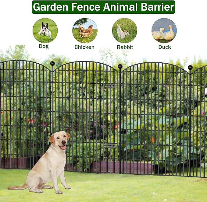 No Dig Decorative Garden Fence 4 Panels with Gate, 48 in (H) x 10.4 ft (L), Dog Fence Outdoor for Yard，Rustproof Metal Animal Barrier Ground Stakes Fencing for Garden, Patio, Flower Bed