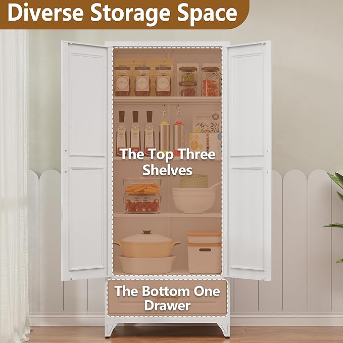 Kitchen Pantry Cabinet with Drawer, 75" Tall Pantry Cabinets for Kitchen Storage, Metal Storage Cabinets with Doors and Shelves, Freestanding Cupboards for Dining Room, White, Assembly Required